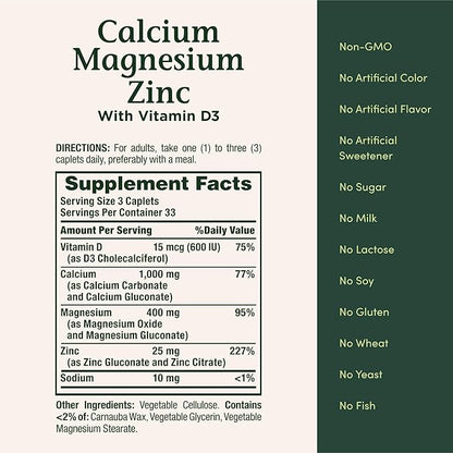 Nature's Bounty Calcium Magnesium & Zinc Caplets, Immune & Bone Health, Daily Supplement, 1000mg Calcium, 400mg Magnesium, 600 IU Vitamin D, Gluten Free, 100 Caplets