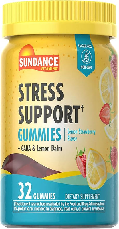 Sundance Stress Support Gummies | with GABA and Lemon Balm | Lemon Strawberry Flavor | 32 Count | Non-GMO & Gluten Free