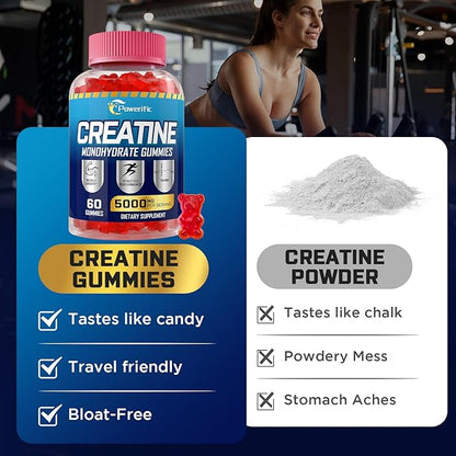 Creatine Monohydrate Gummies, Creatine for Women & Men, Pre Workout Creatine Monohydrate Gummies with Taurine, Vitamin B6 & B12 for Muscle, Strength, Energy, Endurance, Vegan, Organic, 60 Count