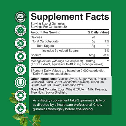Extra Strength Moringa Gummies for Women - Natural Antioxidant Green Superfood Gummy Vitamins for Women with 10:1 Moringa Extract - Vegan Non-GMO & No Artificial Flavors or Colors - 60 Count (2 Pack)