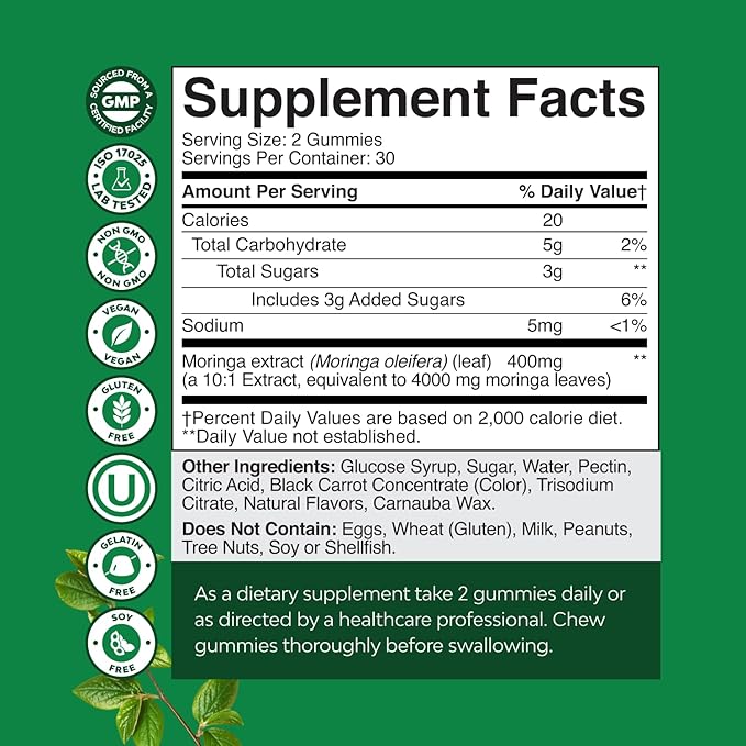 Extra Strength Moringa Gummies for Women - Natural Antioxidant Green Superfood Gummy Vitamins for Women with 10:1 Moringa Extract - Vegan Non-GMO & No Artificial Flavors or Colors - 60 Count (3 Pack)