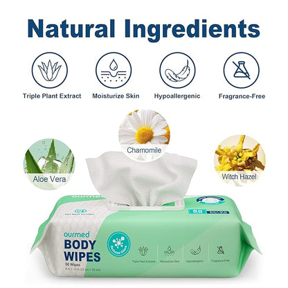 Extra Large Body Wipes No-Rinse Bathing, 9"x12" Shower Wipes, Moisture and Hypoallergenic, Home Essentials for Adults and Elderly Care, 50 Count