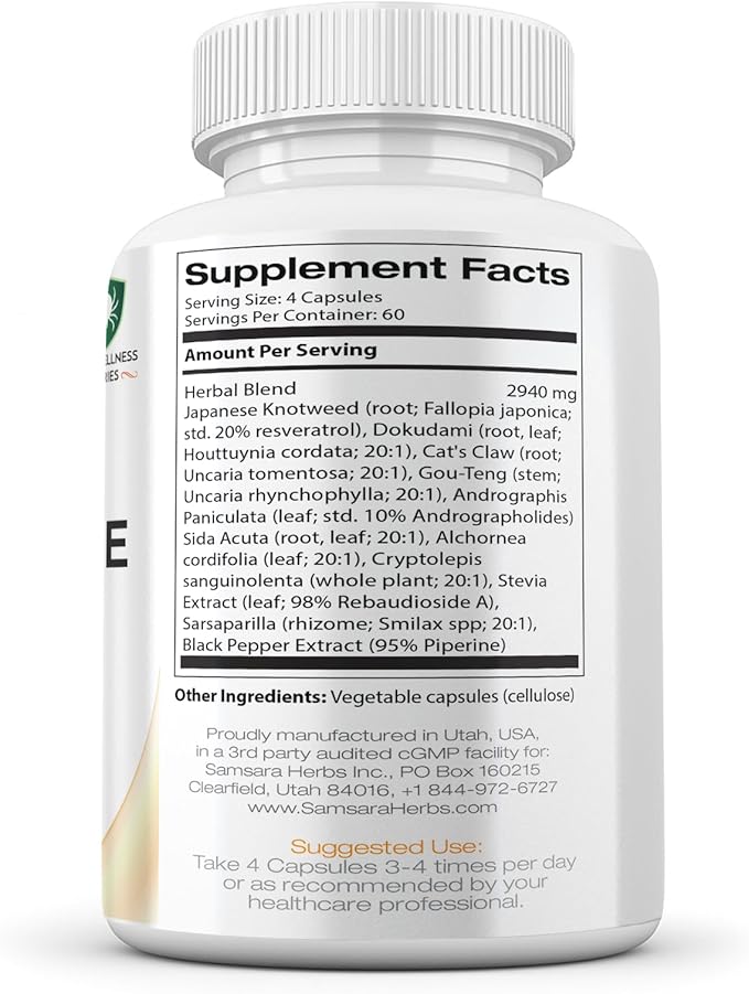 Samsara Herbs Tick Immune Support - Japanese Knotweed, Cats claw, Andrographis, Cryptolepis, Sarsaparilla, Resveratrol, Tick Bite Support 240 Capsules