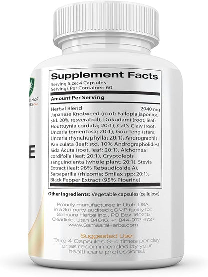 Samsara Herbs Tick Immune Support - Japanese Knotweed, Cats claw, Andrographis, Cryptolepis, Sarsaparilla, Resveratrol, Tick Bite Support 240 Capsules