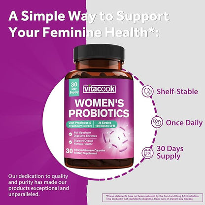Probiotics for Women 100 Billion CFU 36 Strains, Women's Probiotic with Prebiotics & Digestive Enzymes, Organic Cranberry, Boost Digestive, Vaginal & Urinary Health, 30 Vegan Caps