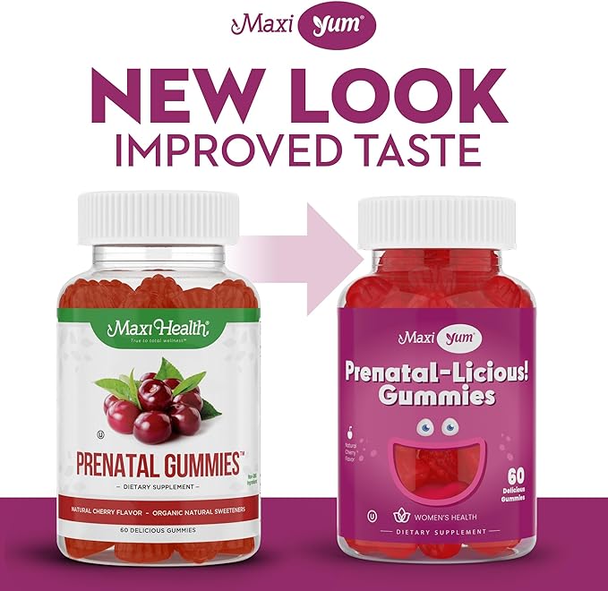Maxi Health Women's Organic Prenatal Gummies - Kosher Cherry Flavored Pre Natal Gummy - Prenatal Vitamins for Women with Folic Acid and Iron for Fetal Development, 60 Count