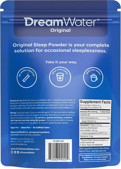Dream Water Sleep Powder, Sugar-Free, Gluten-Free, Natural Flavors; Blend of 3 Ingredients, GABA, 5mg Melatonin, 5-HPT; Snoozeberry Flavor 60ct