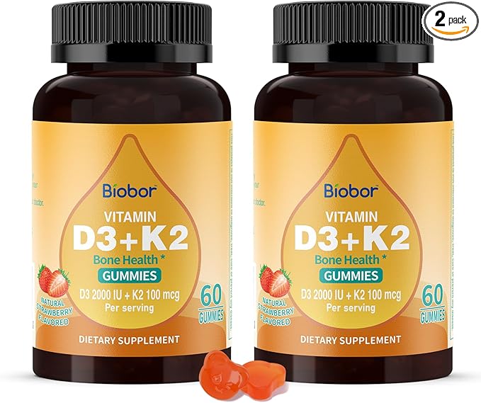 Natural Vitamin D3 K2 Gummies, 2000 IU Vitamin D3 & 100 mcg Vitamin K2,Supports Healthy Bone, Immune Health Supplement, GMO Free, Gluten Free, Strawberry Flavor, 120 Count