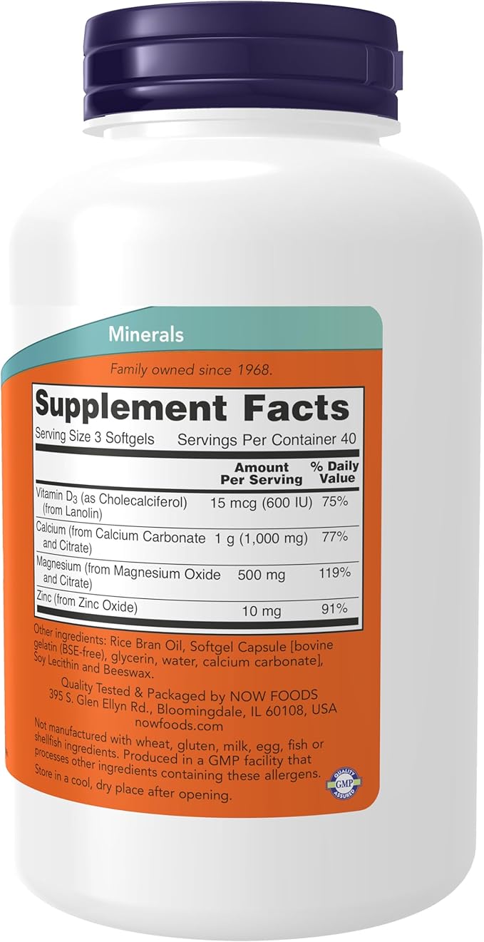 NOW Foods Supplements, Calcium & Magnesium with Vitamin D-3 and Zinc, Supports Bone Health*, 120 Softgels, (Pack of 2)