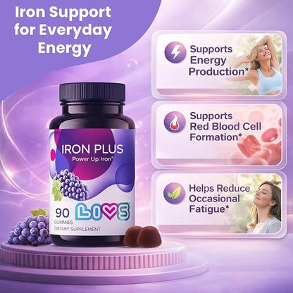 LIVS Iron Plus Gummies – 20mg Gentle Iron Supplement for Women & Men – Anemia Support – Vitamin C for Absorption – Biotin, Folate & B12 for Energy – Gluten Free, Vegan, Halal & Kosher – 90 Count