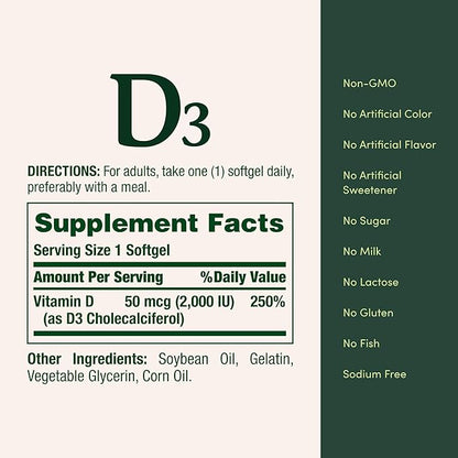 Nature's Bounty Vitamin D3, Supports Immune System and Bone Health, 50mcg, 150 Softgels (Pack of 2)