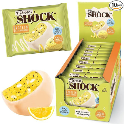Fitness SHOCK Lemon Poppy Seed Protein White Brownie - No Added Sugar, 7.5g Protein, Low Carb Guilt-Free Dessert - 0g Added Sugar, 10g Net Carbs, 5g Fiber, Non-GMO - 10 x 50g