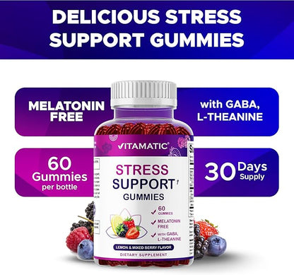 Vitamatic Stress Relief Gummies with GABA, L-Theanine, Lemon Balm – Lemon & Mixed Berry Flavor – 60 Gummies – Vegan, Non-GMO, Gluten-Free