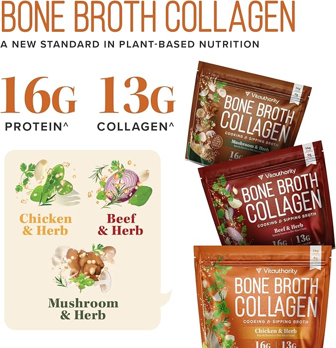 Vitauthority Bone Broth Collagen Delicious Chicken Noodle Flavored - Packed with 16g of Protein & Types I, II, III - Nourishes Skin, Hair, Nails, Joints, & Gut - Beef BoneBroth