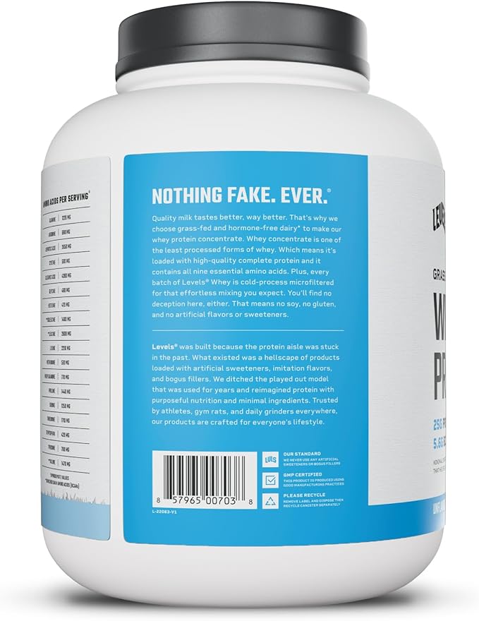 Levels Grass Fed Whey Protein Powder, No Artificials, 25G of Protein, Unflavored, 5LB
