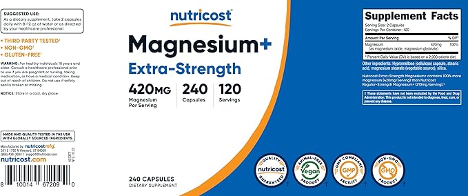 Nutricost Magnesium+ Extra Strength 420mg, 240 Capsules - 120 Servings. Magnesium Oxide and Glycinate - Non-GMO, Gluten Free, Vegan Friendly (Pack of 2)