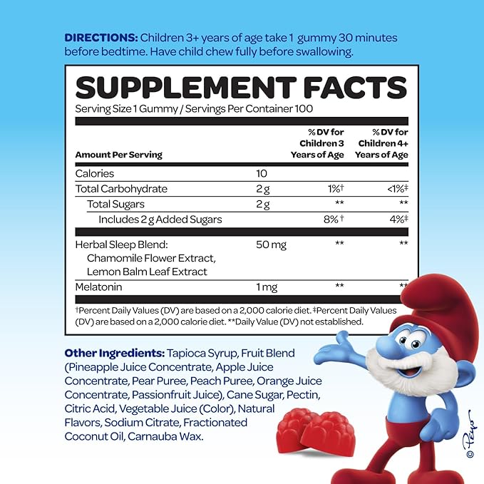 The Smurfs Gummies for Kids with Chamomile & Lemon Balm for a Restful Sleep Age 3+ | Non-Habit Forming | Made with Real Fruit in a Smurf Berry | Doctor Developed | 100 Gummies (100 Count, Melato)