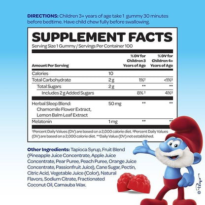 The Smurfs Gummies for Kids with Chamomile & Lemon Balm for a Restful Sleep Age 3+ | Non-Habit Forming | Made with Real Fruit in a Smurf Berry | Doctor Developed | 100 Gummies (100 Count, Melato)