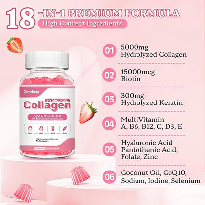2 Pack Collagen Gummies for Women Men, Hydrolyzed Collagen Peptide Type I,II,III,V,X with Biotin, Vitamin C A B D E for Skin Hair Nails J0ints, Immunity Energy Digestion, Sugar Free, 120 Count