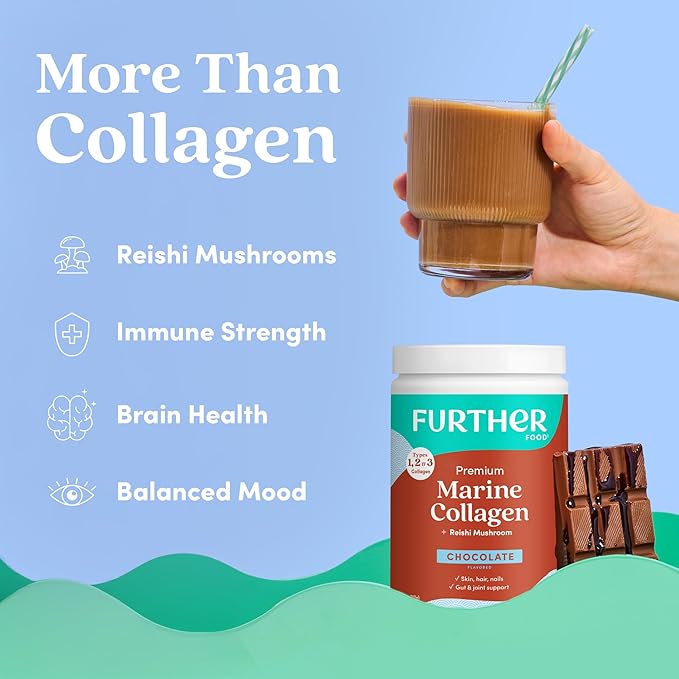 Further Food Chocolate Marine Collagen Peptides Powder with Reishi Mushroom, Wild-Caught Sustainably Sourced Fish, Hydrolyzed Type 1, 2 & 3, 7.41 Oz
