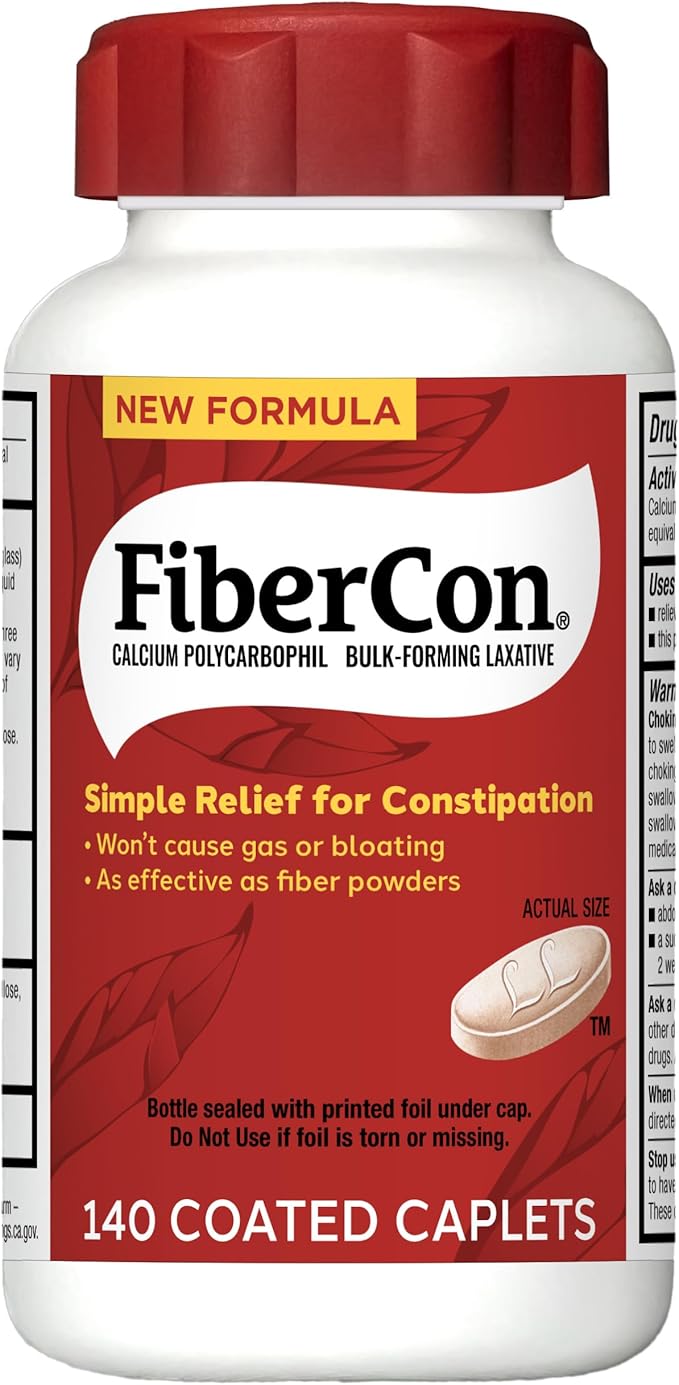 FiberCon Fiber Therapy Coated Caplets, Safe, Simple & Comfortable Insoluble Fiber Product for Bowel Irregularity, Occasional Constipation Relief With No Gas or Bloating, 140 Caplets