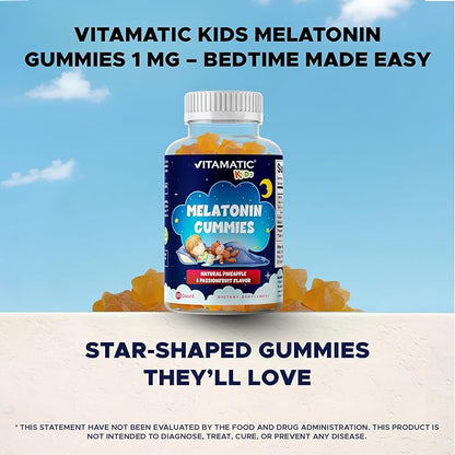 Vitamatic Sugar Free Kids Melatonin 1mg, 90 Gummies, Pineapple & passionfruit Flavored Gummies, 90 Days Supply