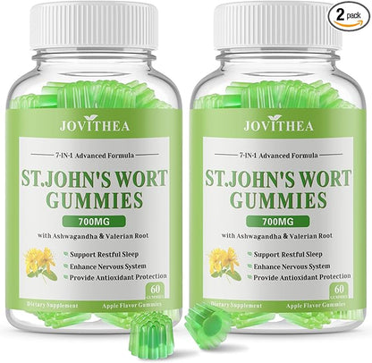 2 Pack St John's Wort Gummies 700mg, Natural Herbal Supplement for Adults & Kids, Support Calm, Relaxation & Brain Health, Vegan, Non-GMO, Gluten Free, Apple Flavor, 120 Count