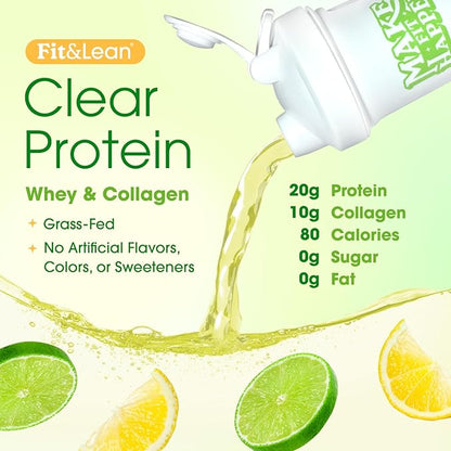 Fit & Lean Clear Protein Powder with Whey Isolate Protein and Collagen, Grass Fed, Muscle Recovery, Skin, Joints, GLP-1 Support, 0g Sugar, Citrus Lime, 20 Servings