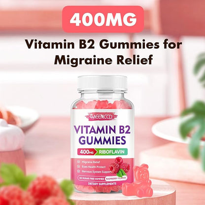 MEENCCD Vitamin B2 Gummies Riboflavin 400mg Supplement with Magnesium for Kids & Adults, B2 Gummies for Migraine Relief & Nervous System Support, Vegan, Sugar-Free, Raspberry Flavor, 60 Count
