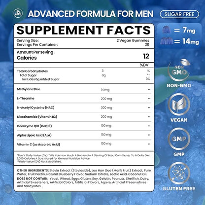 Aube'Azur Methylene Blue Gummies for Humans, 14mg Methylene Blue Supplement with L-Theanine, NAC, Nicotinamide & CoQ10 for Men Women, Fast-Absorbing, Vegan, Sugar-Free, Blueberry Flavor, 60 Count