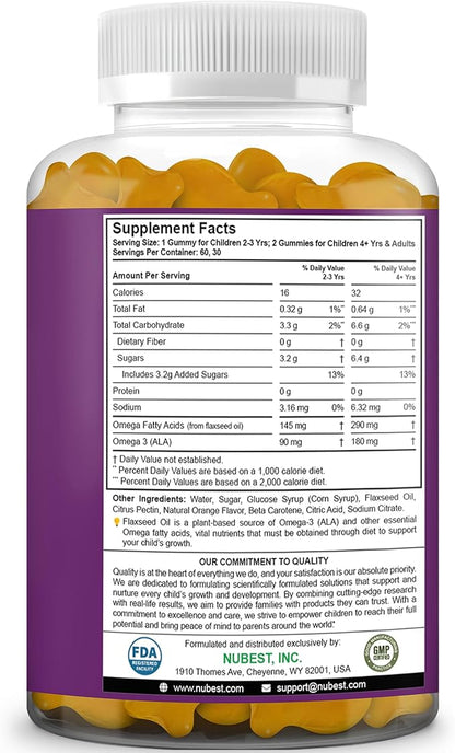 NuBest Omega 3 Gummies for Kids & Teens with Flaxseed Oil | Supports Brain Growth, Mental Clarity, Focus, and Eye Health | No Added Sugar | Orange Flavor | 60 Premium Vegan Gummies | 1 Month Supply