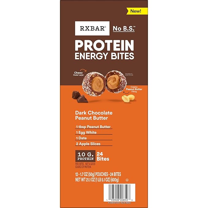 RXBAR Protein Energy Bites, Gluten Free Protein Balls, Dark Chocolate Peanut Butter, 21.1oz Box (24 Bites)