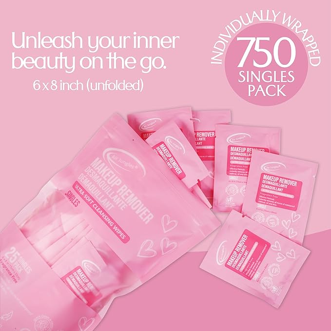 Air Jungles Makeup Remover Wipes Singles Wrapped 30 Pack, 750 Singles, Extra Large 6" x 8", Fragrance-Free, Removes Makeup and Oil, Ultra Soft Cleansing Wipes, Alcohol Free