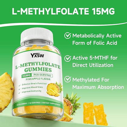 L-Methylfolate Gummies 15mg, Methylfolate Supplement, Folate Supplement for Support Mood, Brain Health, Immune System, Sugar Free, Pineapple Flavor, 120 Count