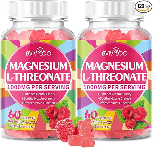 1000mg Magnesium L-Threonate Gummies for Kids & Adults - Muscle & Nervous System Support, Vegan, Sugar-Free Raspberry Flavor, 120 Gummies