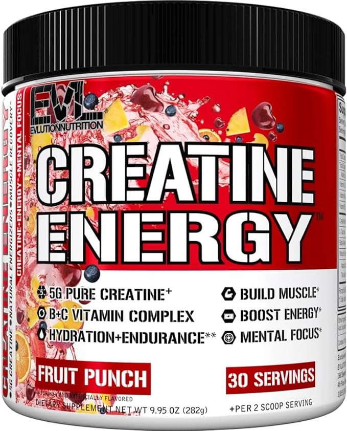 Evlution Nutrition Creatine Energy - Supports Muscle Growth, Boosts Energy, Endurance & Cognition - 5g Pure Creatine Monohydrate Per Serving - B + C Vitamin Complex - 30 Servings - Fruit Punch