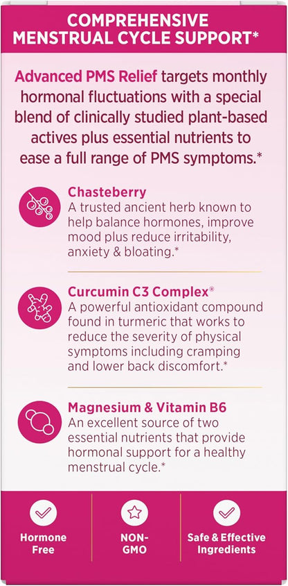 Nature's Bounty Optimal Solutions Advanced PMS Relief for Menstrual Cycle Support, PMS Support Supplement for Women, Bloating Relief – Chasteberry, Hormone-Free, 60 Vegetarian Capsules (Pack of 2)