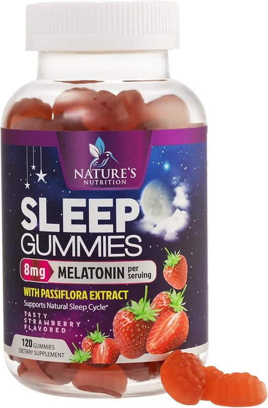 Sleep Gummies - 8mg Melatonin Per Serving - With Passiflora Extract for Restful Sleep - Fast Acting Melatonin Sleep Gummy Supplement for Adults, Vegan, Non-GMO, Tasty Strawberry Flavor - 120 Gummies