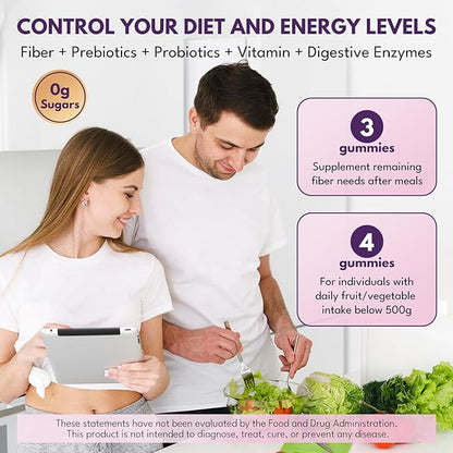 Fiber Gummies for Adults - Sugar Free Fiber Supplement 7g All in 1, Probiotic 60 Billion CFU & Prebiotic with Digestive Enzymes, Inulin, Psyllium, Vitamin, Support for Gut & Digestive Health, 90 Ct