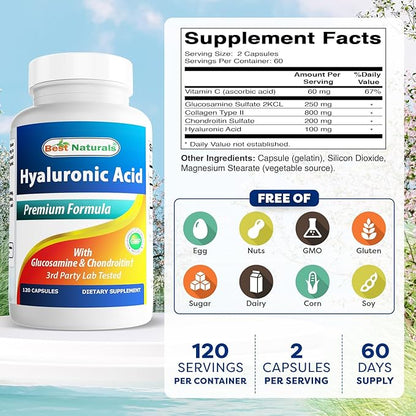 Best Naturals Hyaluronic Acid 100 mg 120 Capsules - Support Healthy Joints and Youthful Skin (859375002702)