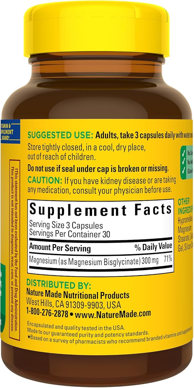 Nature Made High Absorption Magnesium Glycinate 300mg per 3 Capsules, Mg-Supplement for Muscle, Heart, Nerve and Bone Support, 90 Mg Bisglycinate Capsules, 30 Day Supply,(Pack of 2)