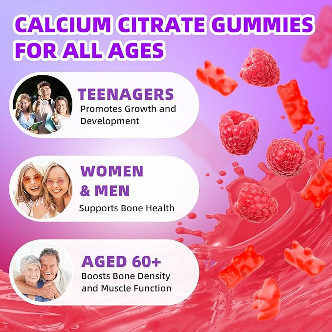 Calcium Citrate Gummies 1200mg Calcium Gummies for Women & Men, Chewable Calcium Supplements Support Immune Health & Bone Strength, Vegan/Sugar-Free/Gluten-Free, Raspberry Flavor 120 Count