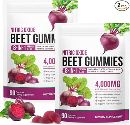 2 Pack Beet Root Gummies Enriched with 200mg CoQ10 & Beet Root Extract for Blood Pressure, Heart Health Support, Energy Level Suport, Promoting Nitric Oxide, W/ Vitamin B12, C, Sugar-Free | 90 Chews