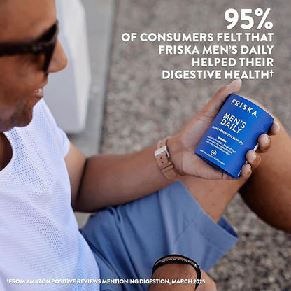 Friska Men’s Daily Gut Support - Digestive Enzymes, Probiotics to Help Break Down Foods, Supports Energy & Nutrient Absorption with Vitamins B6 & B12, 30 Capsules