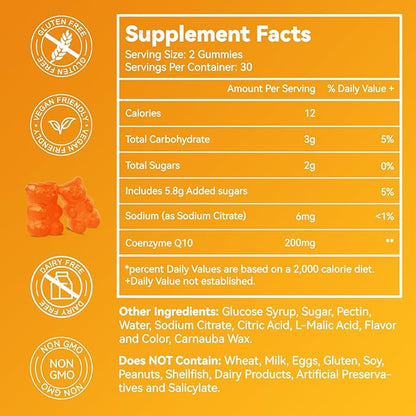 CoQ10 Gummies 200mg, Vegan Supplement for Energy Production, Non-GMO, Gluten Free (60 Gummies)
