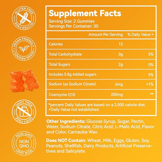 CoQ10 Gummies 200mg, Vegan Supplement for Energy Production, Non-GMO, Gluten Free (120 Gummies)