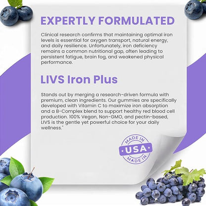 LIVS Iron Plus Gummies – 20mg Gentle Iron Supplement for Women & Men – Anemia Support – Vitamin C for Absorption – Biotin, Folate & B12 for Energy – Gluten Free, Vegan, Halal & Kosher – 90 Count