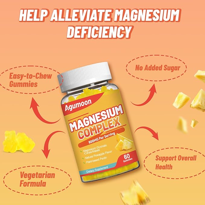 Magnesium Complex Gummies 800mg with Zinc & Vitamins B6, B12, C, D3, 120 Pineapple Gummies, High Absorption Glycinate, Citrate, Malate, Non-GMO, Gluten-Free