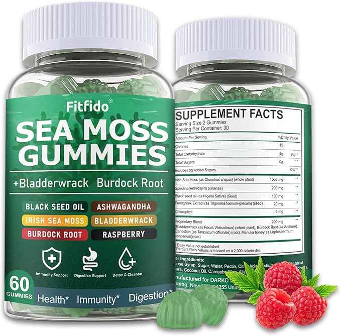 Irish Sea Moss 3000mg Gummies with Bladderwrack, Burdock Root & Manuka Honey - Immune, Thyroid & Detox Support - Seamoss Supplement, Extra Strength - Sugar Free & Vegan (60 Count, Raspberry)