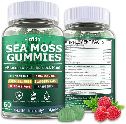 Irish Sea Moss 3000mg Gummies with Bladderwrack, Burdock Root & Manuka Honey - Immune, Thyroid & Detox Support - Seamoss Supplement, Extra Strength - Sugar Free & Vegan (60 Count, Raspberry)